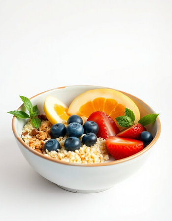 Oatmeal porridge with fresh berries and fruits in a bowl on white background