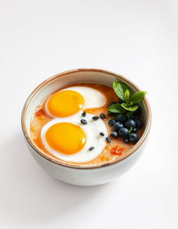 Fried eggs in a bowl with yogurt and blueberries on a white backgroundの写真素材