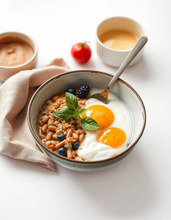 Breakfast with oatmeal, berries and fried eggs on white background