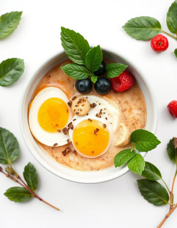 Oatmeal porridge with berries and eggs on white background, top viewの写真素材