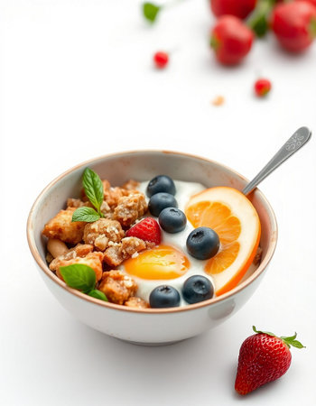 Healthy breakfast with yogurt, berries and granola on white backgroundの写真素材