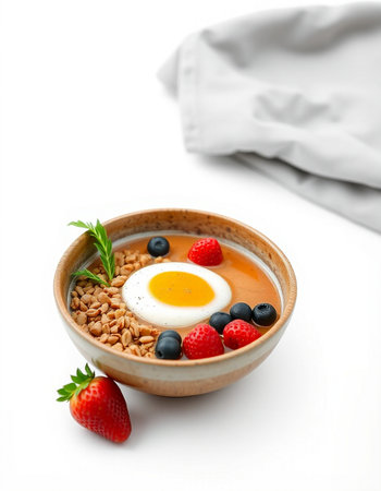 Breakfast bowl with muesli, berries and egg on white background