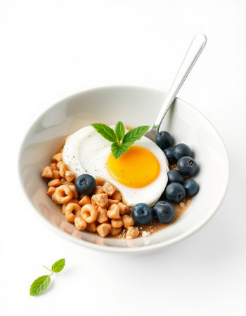 Breakfast with omelet, nuts and blueberries on white backgroundの写真素材