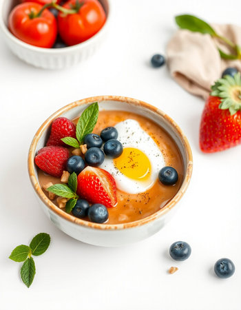 Healthy breakfast bowl with omelet, strawberries, blueberries and almonds.