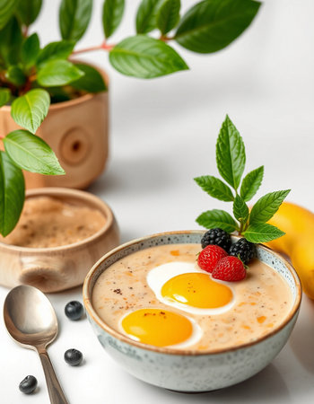 Bowl of breakfast porridge with eggs and berries on white background
