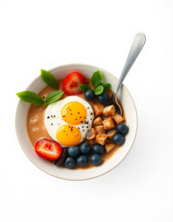 Bowl of porridge with fried egg and berries on white background