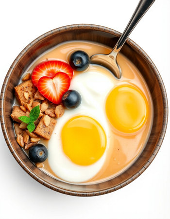 Breakfast with omelet and berries in bowl on white background