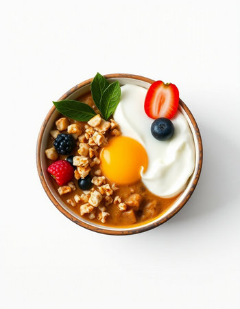 Bowl of oatmeal with fresh berries and fried egg on white background