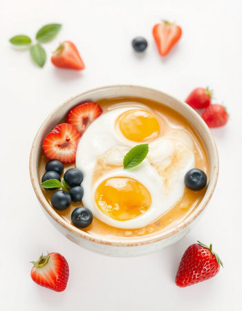 Breakfast with fried eggs and fresh berries on white background, top view