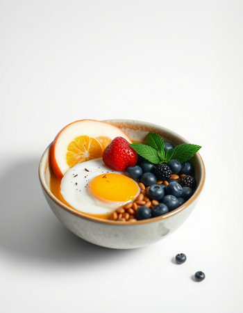 Breakfast bowl with oatmeal, fruits and berries on white background