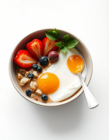 Healthy breakfast bowl with oatmeal, berries and fruits on white background