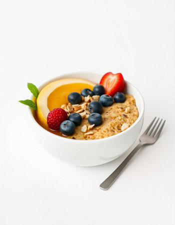 Healthy breakfast bowl with oatmeal and berries on a white backgroundの写真素材