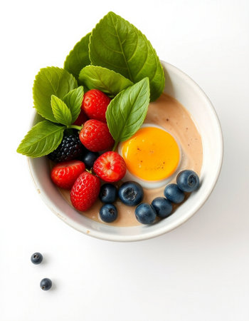 Breakfast bowl with omelette, berries and basil on white background