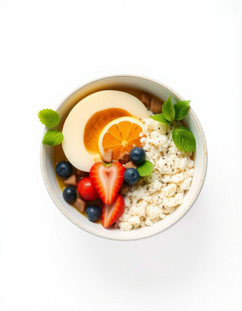 Healthy breakfast bowl with oatmeal, berries and fruits isolated on white background