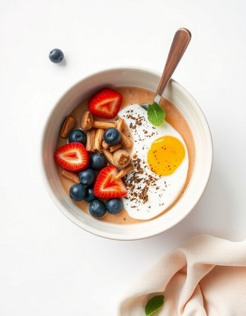Healthy breakfast bowl with oatmeal, berries and egg on white background