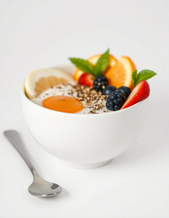 Healthy breakfast bowl with oatmeal, fruit and berries on white background