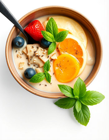 Bowl of yoghurt with fruits and berries on white backgroundの写真素材