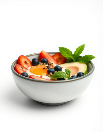 Healthy breakfast - omelet with fresh berries in a bowlの写真素材