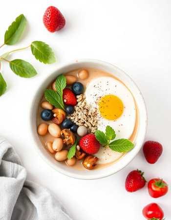 Healthy breakfast bowl with oatmeal, berries, nuts and egg on white background