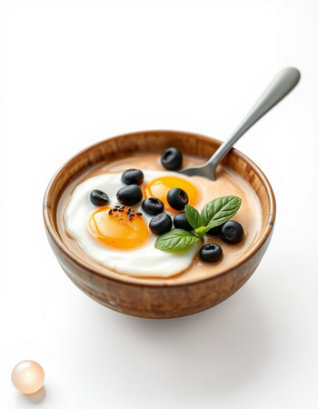 Fried egg in a bowl of yogurt with blueberries and mintの写真素材