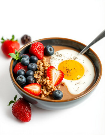 Healthy breakfast bowl with oatmeal, berries and muesli