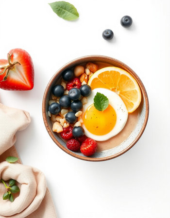 Healthy breakfast bowl with oatmeal, berries, fruits and egg