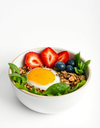 Healthy breakfast with granola, fresh berries and fried egg on white background
