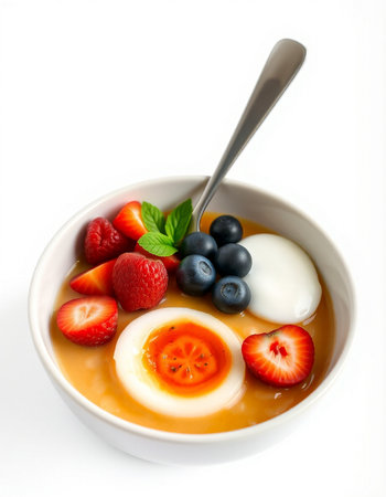 yogurt with strawberries and blueberries in a bowl on a white background