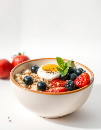 Healthy breakfast bowl with oatmeal, fresh berries and egg on white background