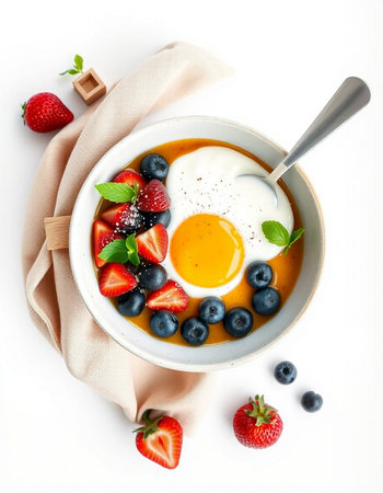 Yogurt with fresh berries and egg in bowl, top view