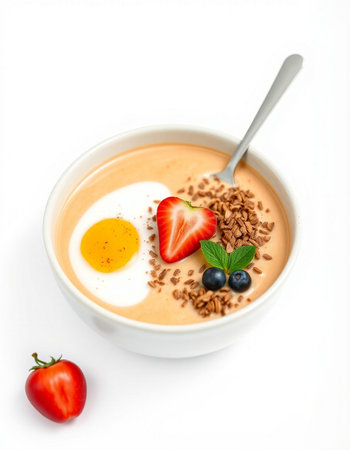 yogurt with granola and strawberries in a bowl isolated on white background