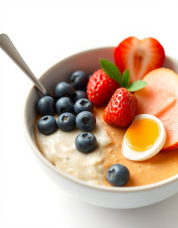 Oat porridge with fresh berries and egg isolated on white backgroundの写真素材