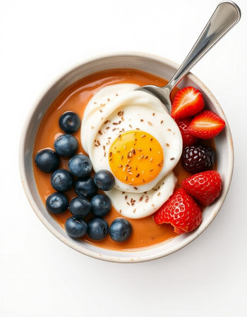 Healthy breakfast bowl with yogurt, strawberries, blueberries and egg