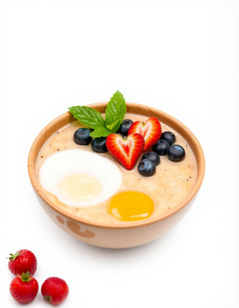 Oatmeal porridge with strawberry, blueberry and egg on white background