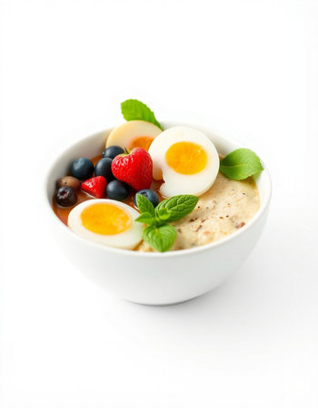 Oatmeal porridge with fresh berries and oatmeal on white backgroundの写真素材