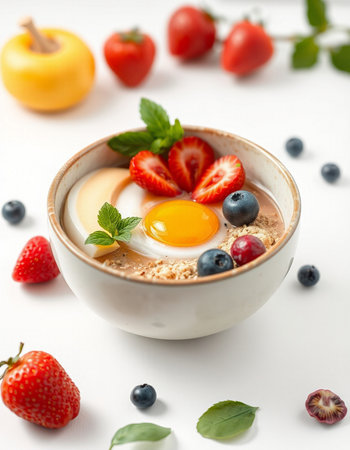 Healthy breakfast with oatmeal, berries and egg on white background