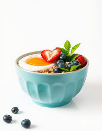 Healthy breakfast with muesli, yogurt and berries on white background