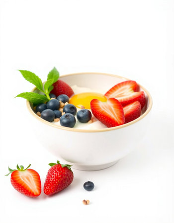 Healthy breakfast with yogurt, berries and fruits on a white background