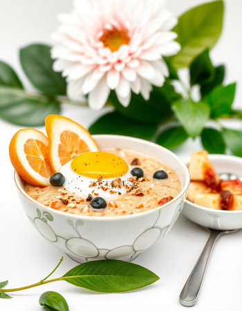 Bowl of oatmeal porridge with orange, blueberries and honeyの写真素材