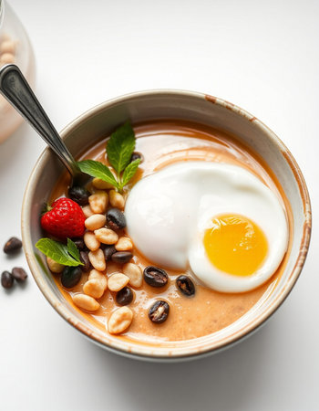 Soup with beans, egg and strawberries on a white background.