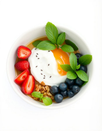 Healthy breakfast with granola, yogurt and berries isolated on white background