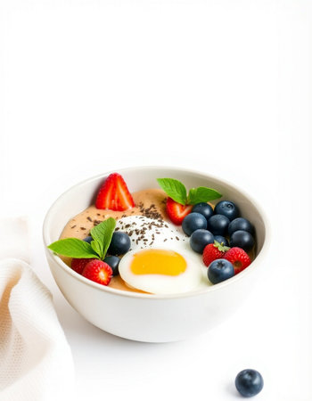 Yogurt with fresh berries and egg in a bowl on white background
