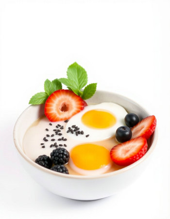 Yogurt with fresh berries and eggs on a white background.