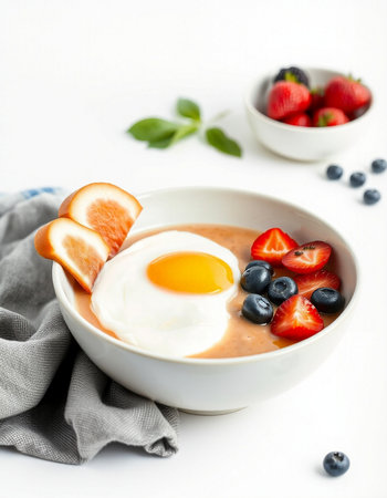 Bowl of oatmeal porridge with fresh berries and fried egg. Healthy breakfast.