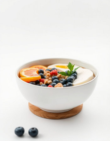 Healthy breakfast with oatmeal, berries and fruits on a white background