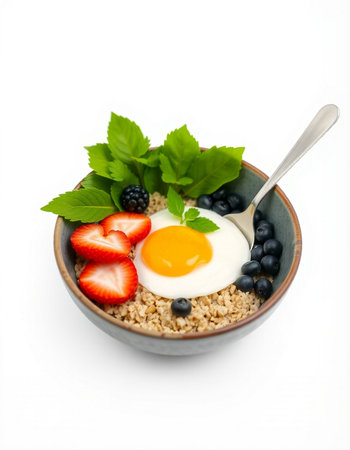 Bowl of oatmeal with fresh berries and fried egg on white background