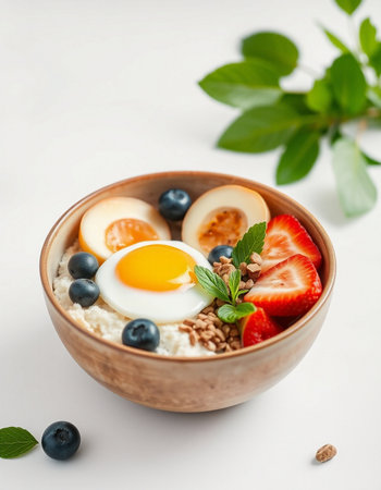 Healthy breakfast with oatmeal, fresh berries and egg in bowl on white background