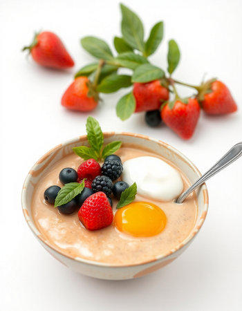 Oatmeal porridge with fresh berries and egg in bowl on white backgroundの写真素材