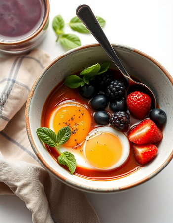 Breakfast bowl with eggs, berries and jam on a white background