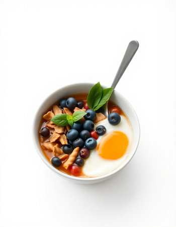 Bowl of oatmeal with fresh berries and egg on white background